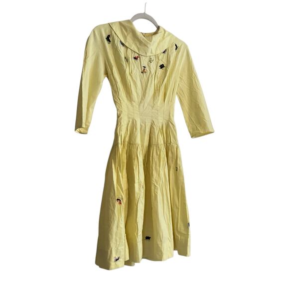 Vintage 40s 50s Butter Yellow Long Sleeve Drop Waist Embroidered Dress Sz XS - Picture 3 of 16
